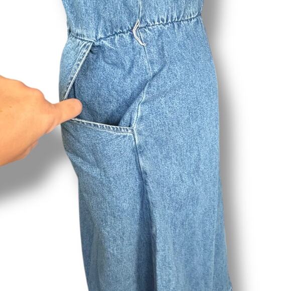 Vintage 90s Faded Glory Denim Button Front Midi Dress Short Sleeve Vneck Pockets - Picture 4 of 12